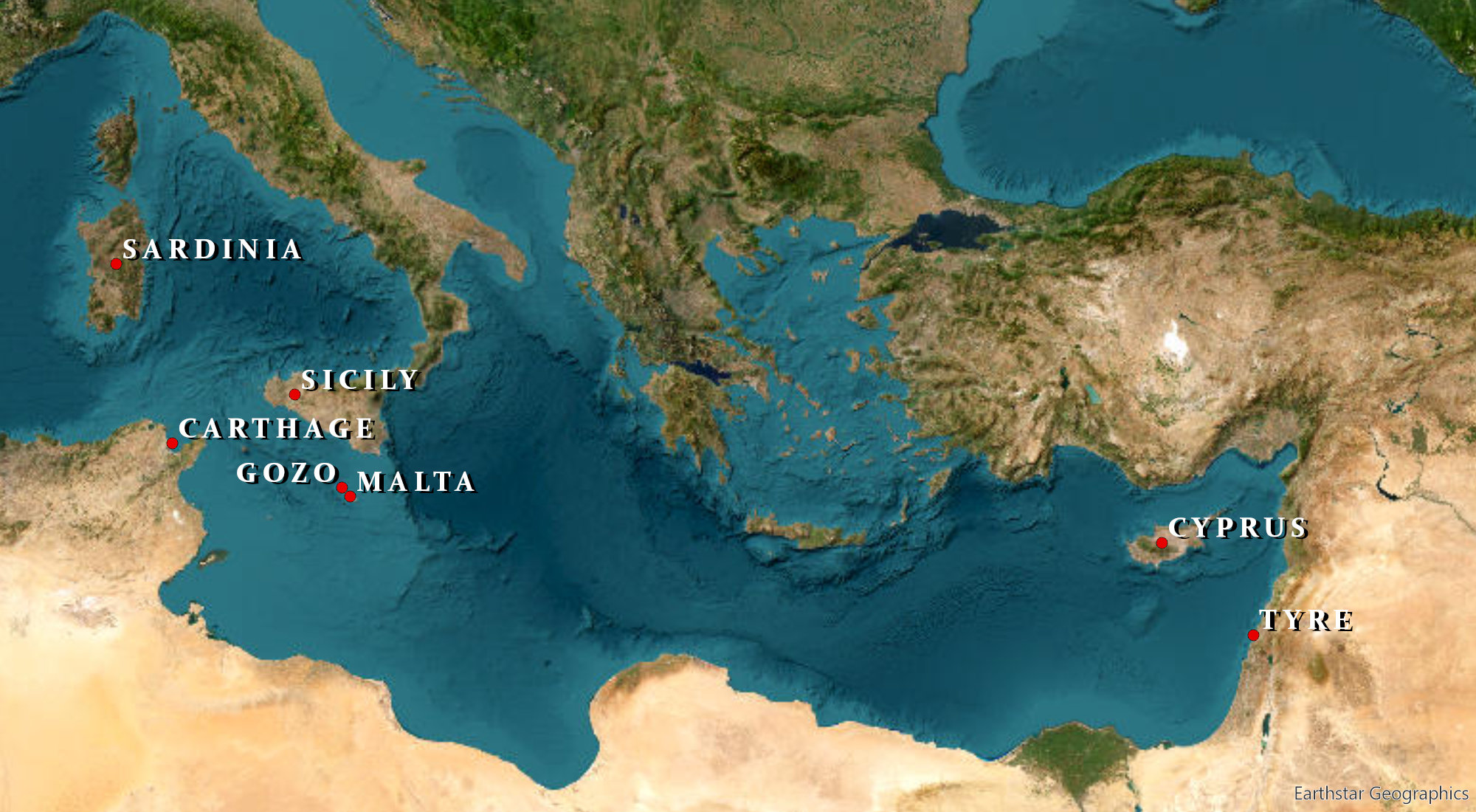 Map of the Mediterranean showing Malta and major Phoenician and Punic regions and centres